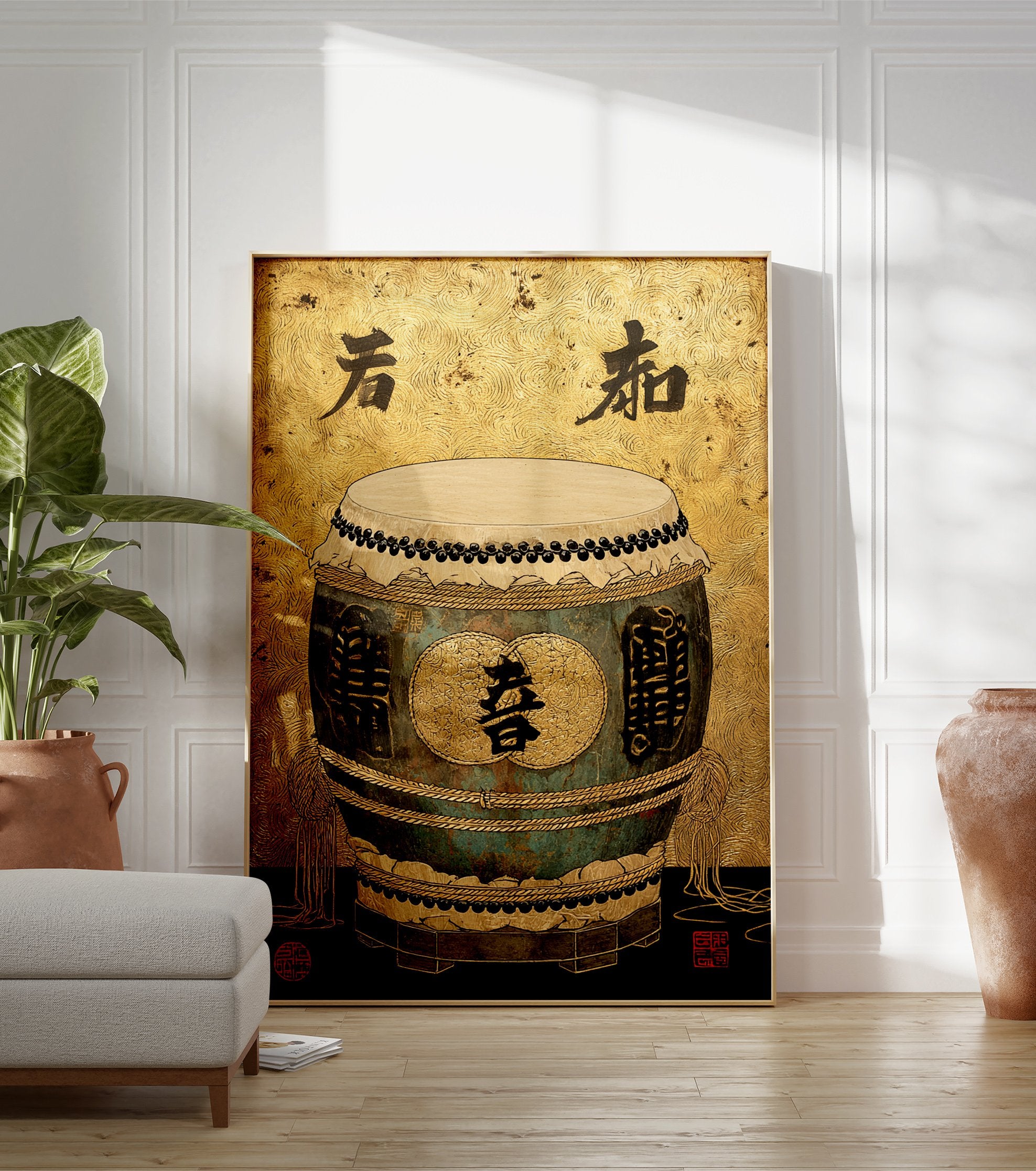 Asian drum wall art with gold background, teal body, black calligraphy, and red seals. - Image 3