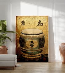 Asian drum wall art with gold background, teal body, black calligraphy, and red seals. - Image 3