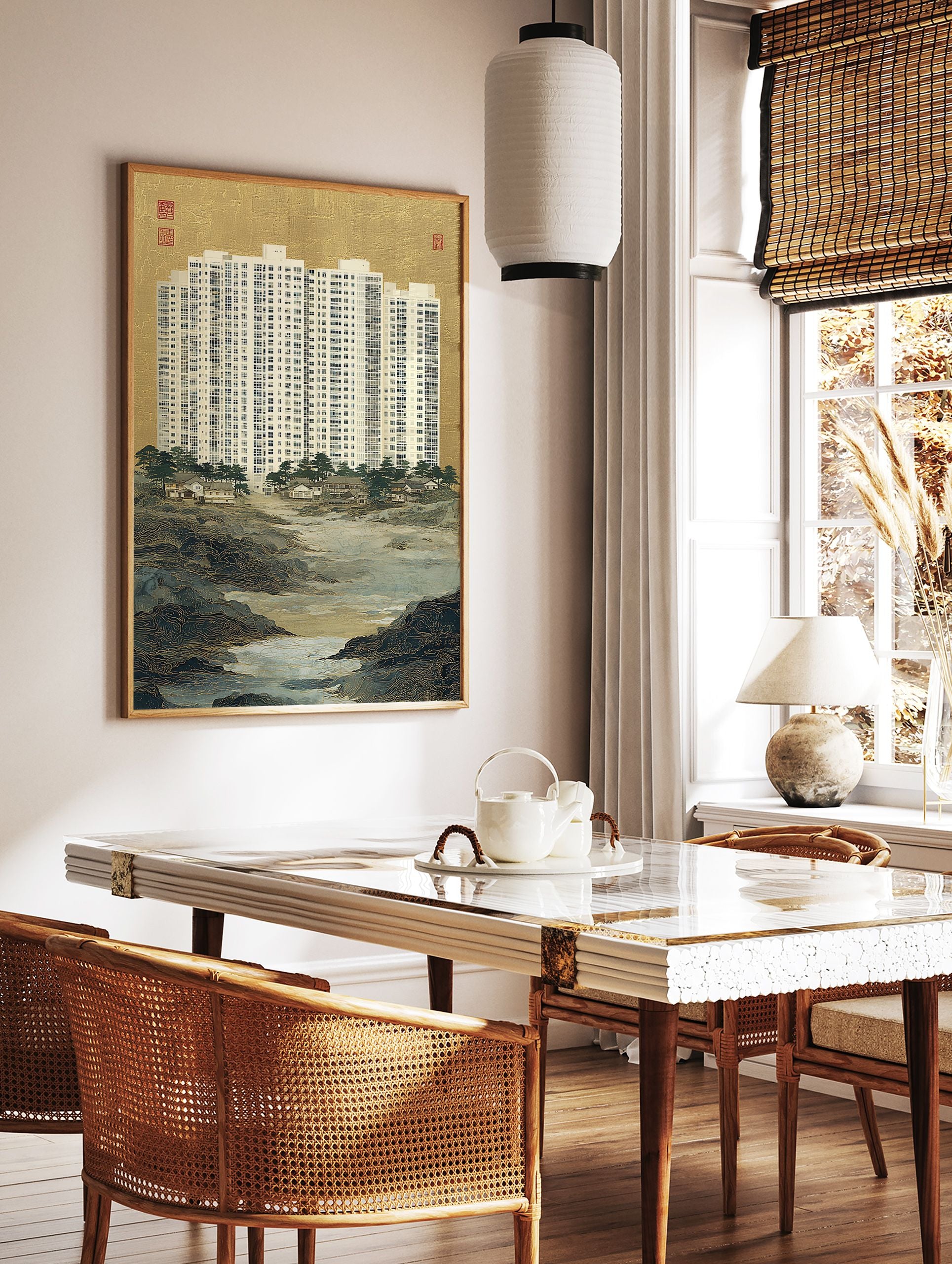 Art print showing a modern white high-rise building above a traditional East Asian landscape with gold textured mountains and a river. - Image 2