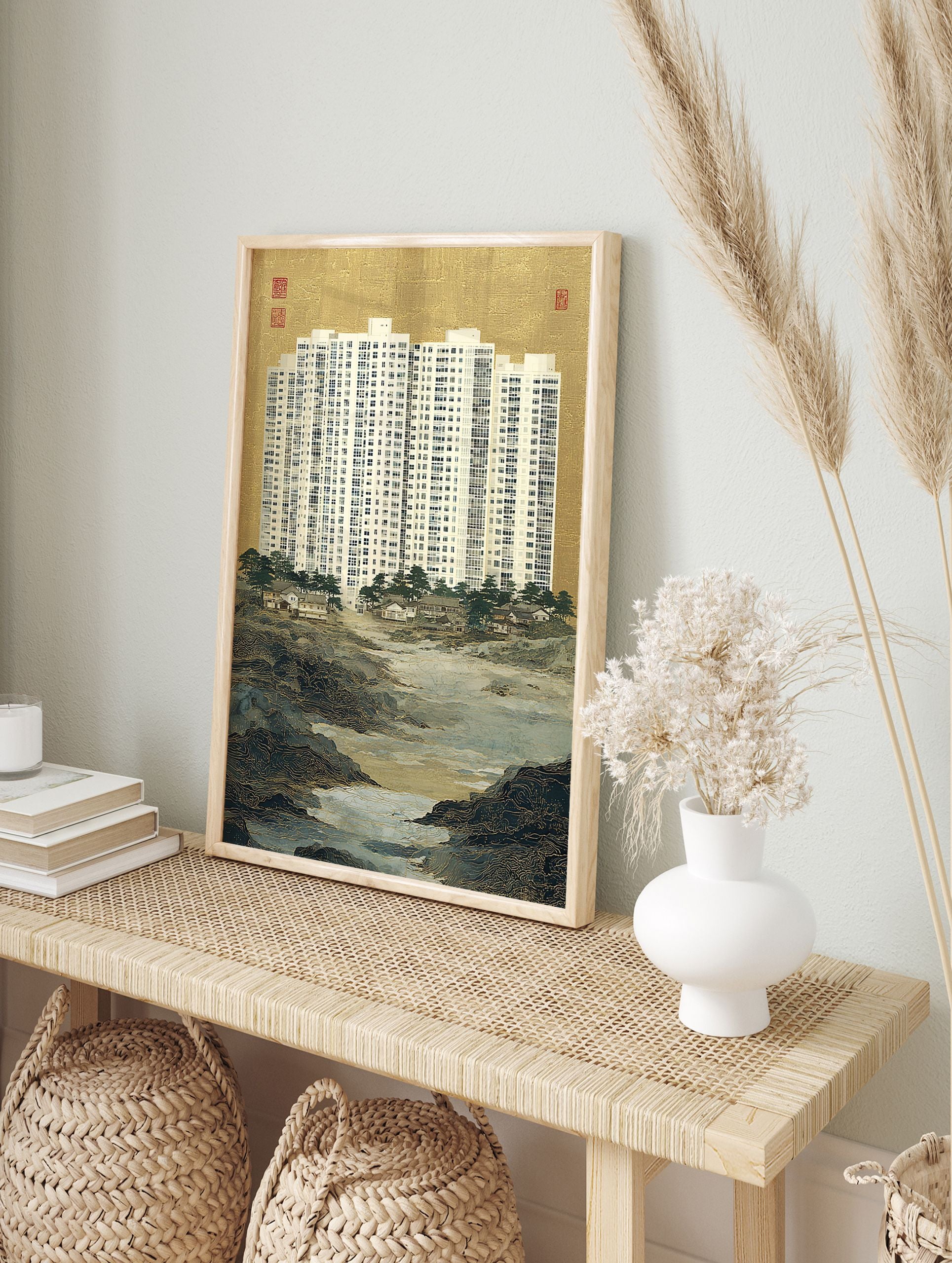 Art print showing a modern white high-rise building above a traditional East Asian landscape with gold textured mountains and a river. - Image 3