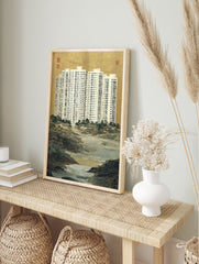 Art print showing a modern white high-rise building above a traditional East Asian landscape with gold textured mountains and a river. - Image 3
