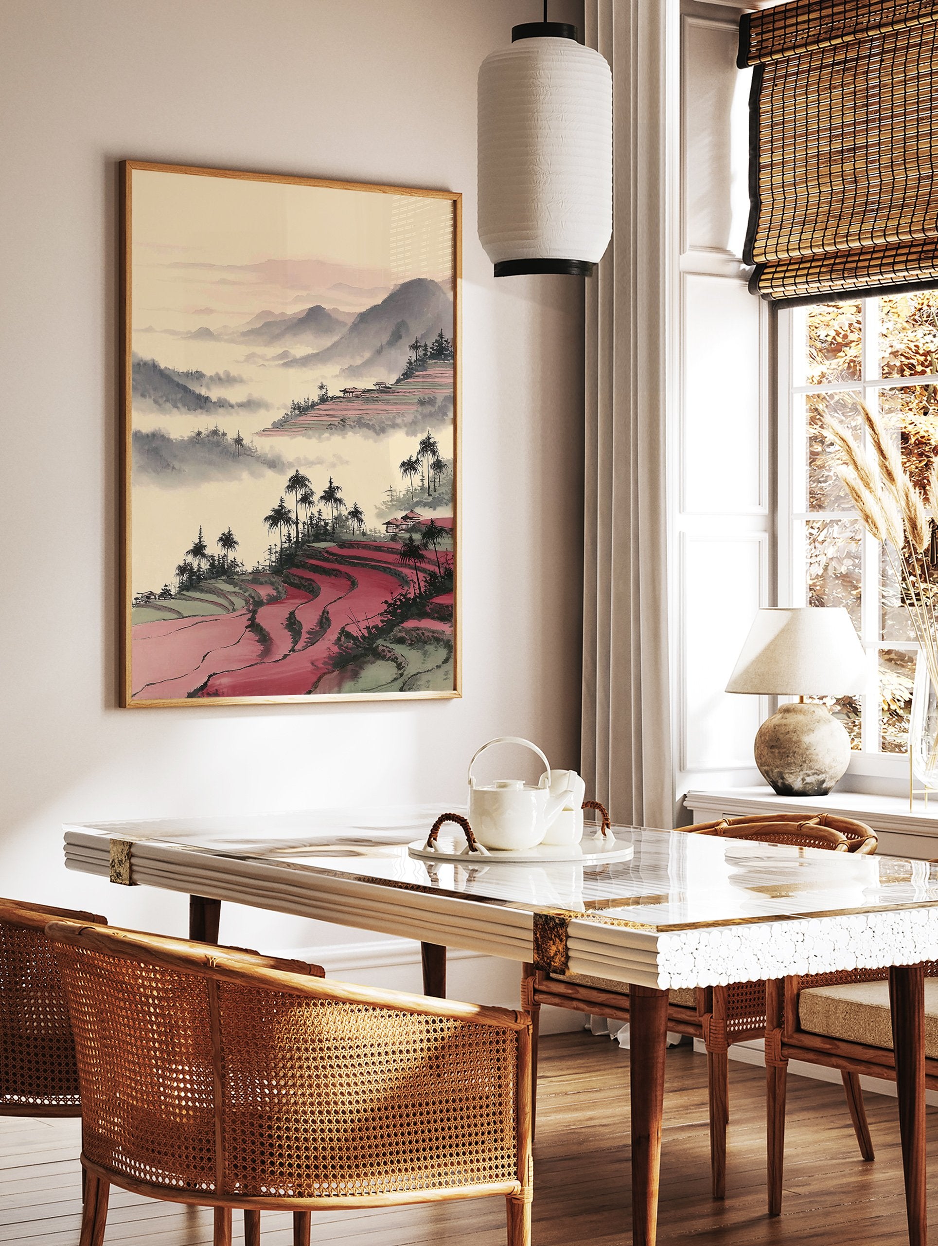 Asian landscape art print depicting red rice terraces, misty mountains, and palm trees with traditional houses. - Image 2