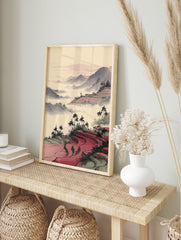 Asian landscape art print depicting red rice terraces, misty mountains, and palm trees with traditional houses. - Image 3