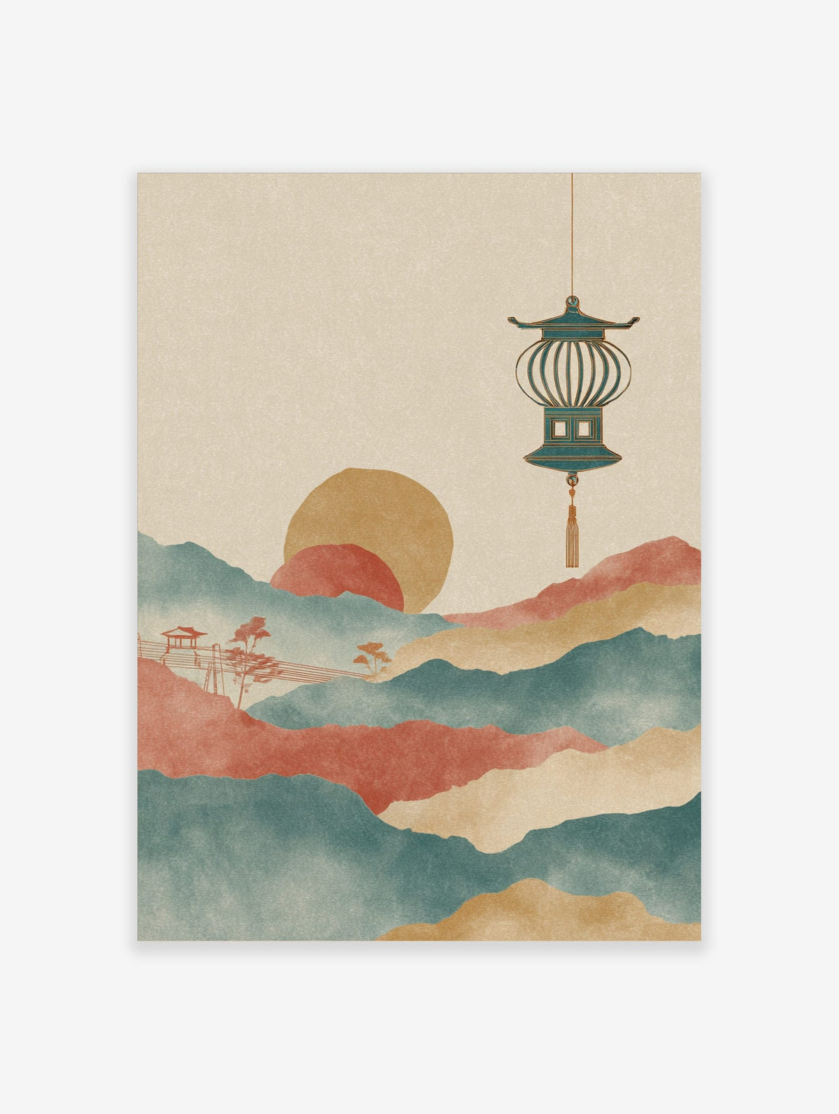 Stylised Asian landscape art print with layered teal and red mountains, golden sun, and hanging lantern