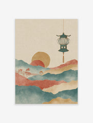 Stylised Asian landscape art print with layered teal and red mountains, golden sun, and hanging lantern
