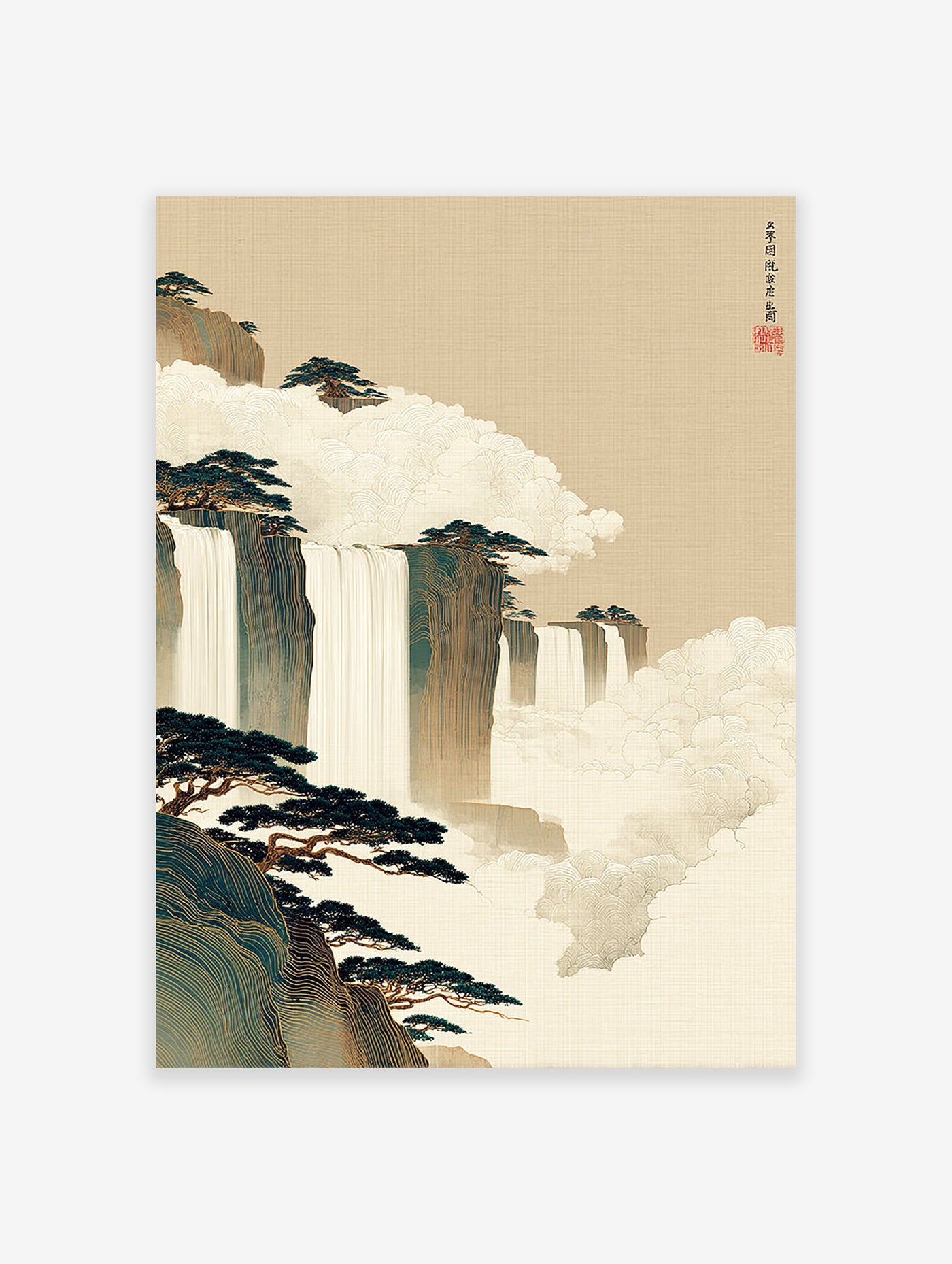 Serene Asian landscape wall art with waterfalls, mountains, pine trees, and mist in a traditional art style.