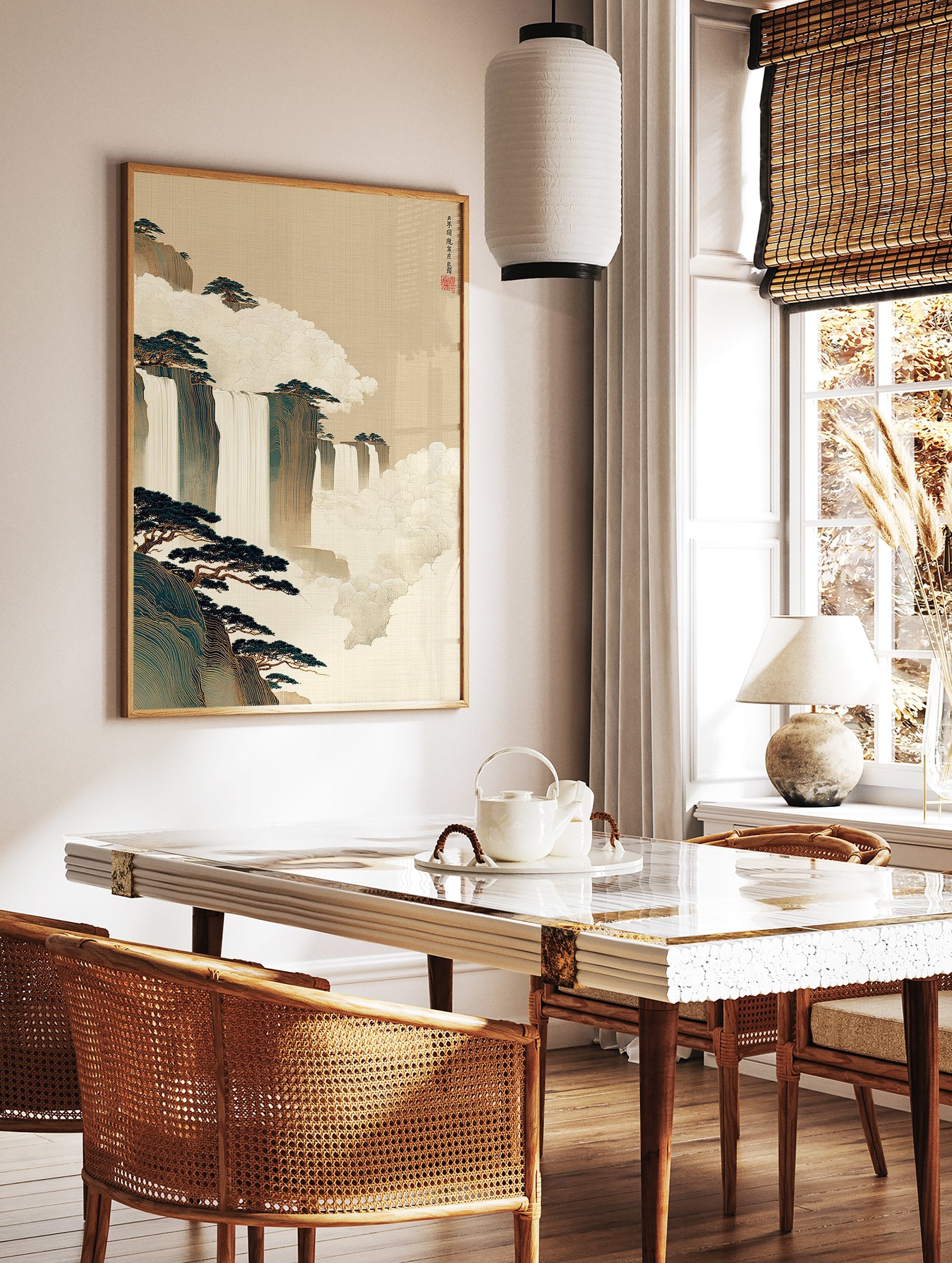 Serene Asian landscape wall art with waterfalls, mountains, pine trees, and mist in a traditional art style. - Image 2