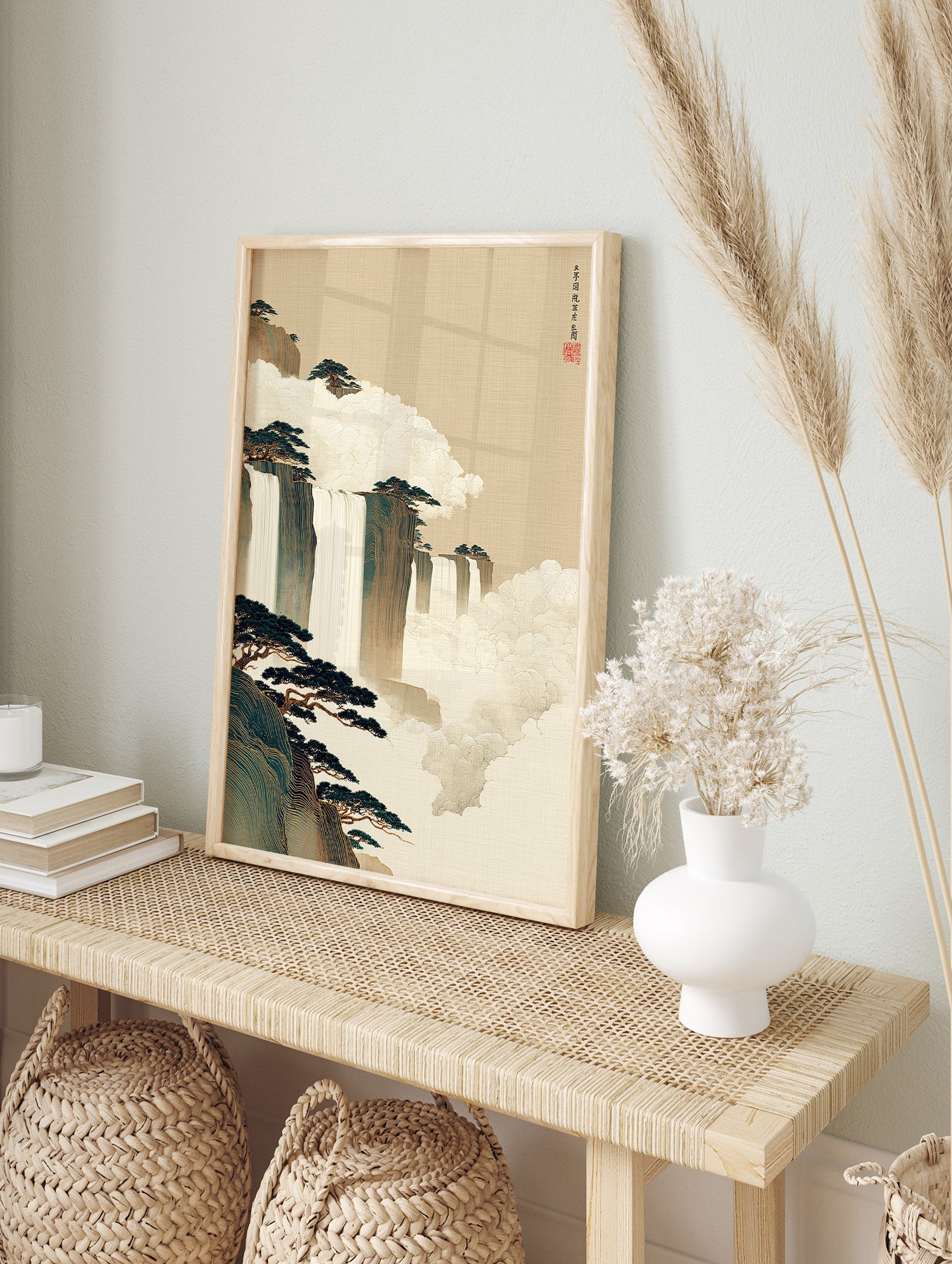 Serene Asian landscape wall art with waterfalls, mountains, pine trees, and mist in a traditional art style. - Image 3