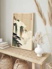 Serene Asian landscape wall art with waterfalls, mountains, pine trees, and mist in a traditional art style. - Image 3