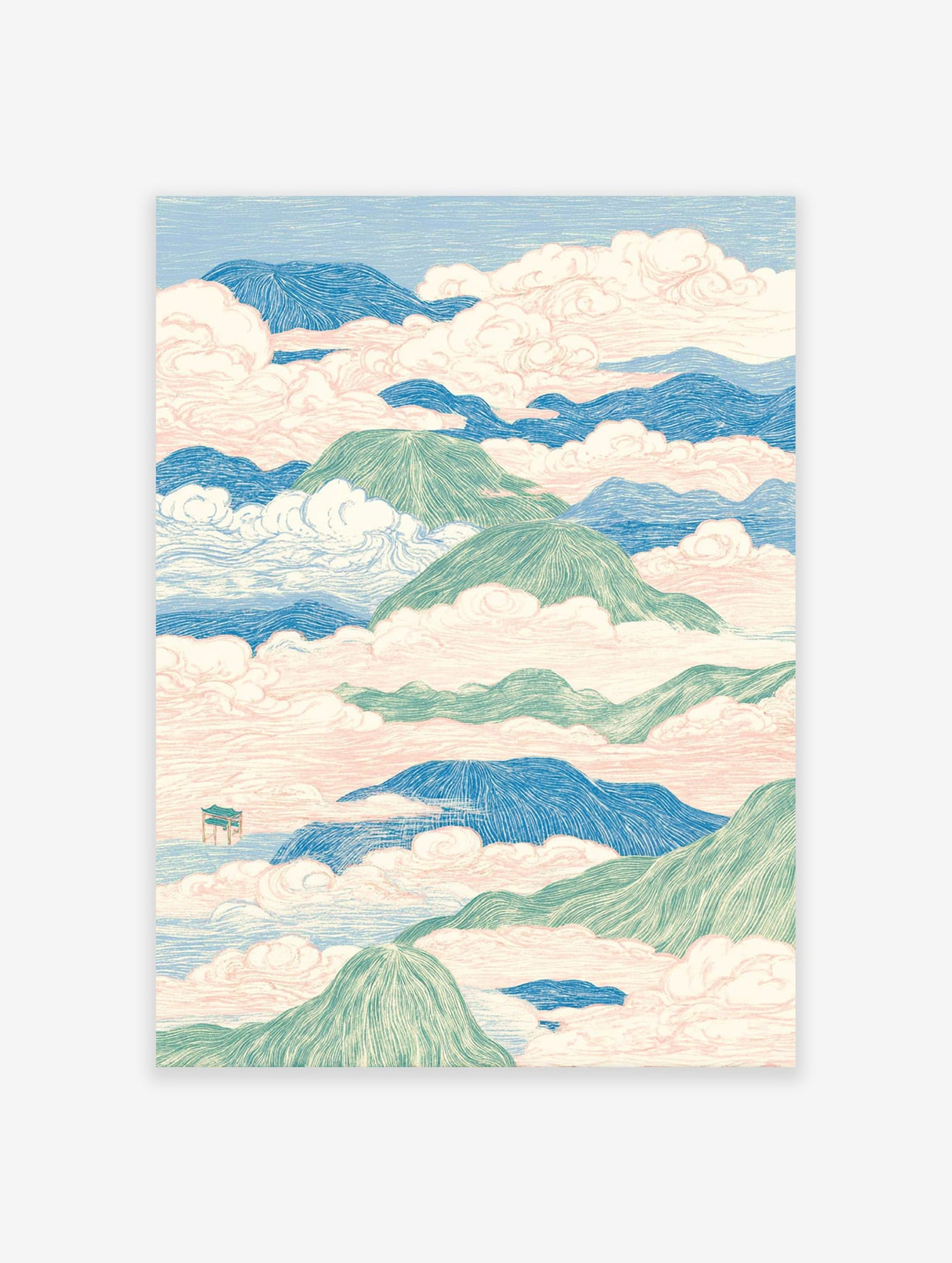 Asian landscape wall art with serene green mountains, blue hills, and pink clouds, featuring a small pagoda.