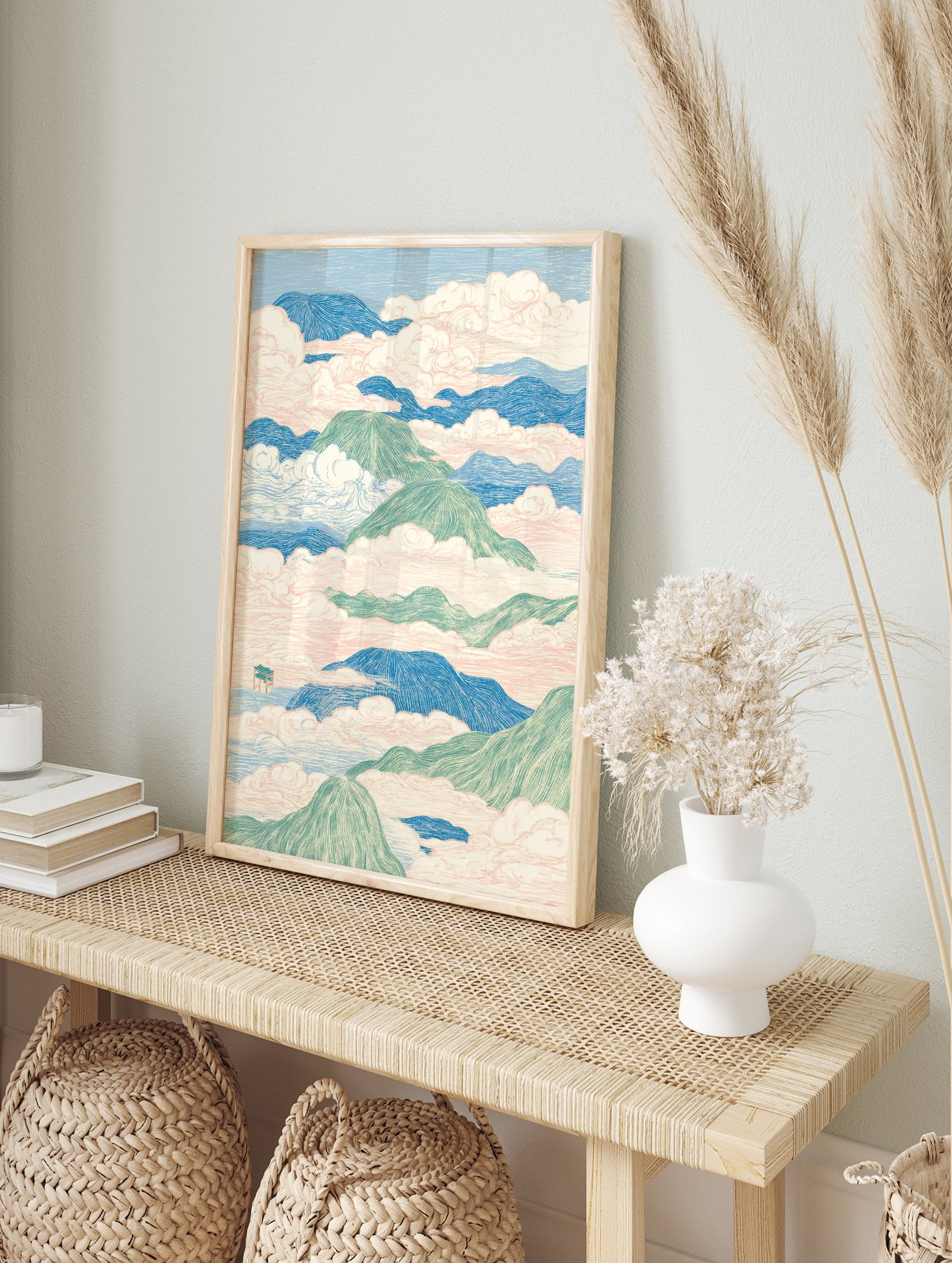 Asian landscape wall art with serene green mountains, blue hills, and pink clouds, featuring a small pagoda. - Image 3