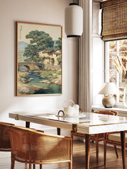 Traditional Asian landscape wall art depicting a Chinese village with a stone bridge over a river, large trees, and mountains. - Image 2