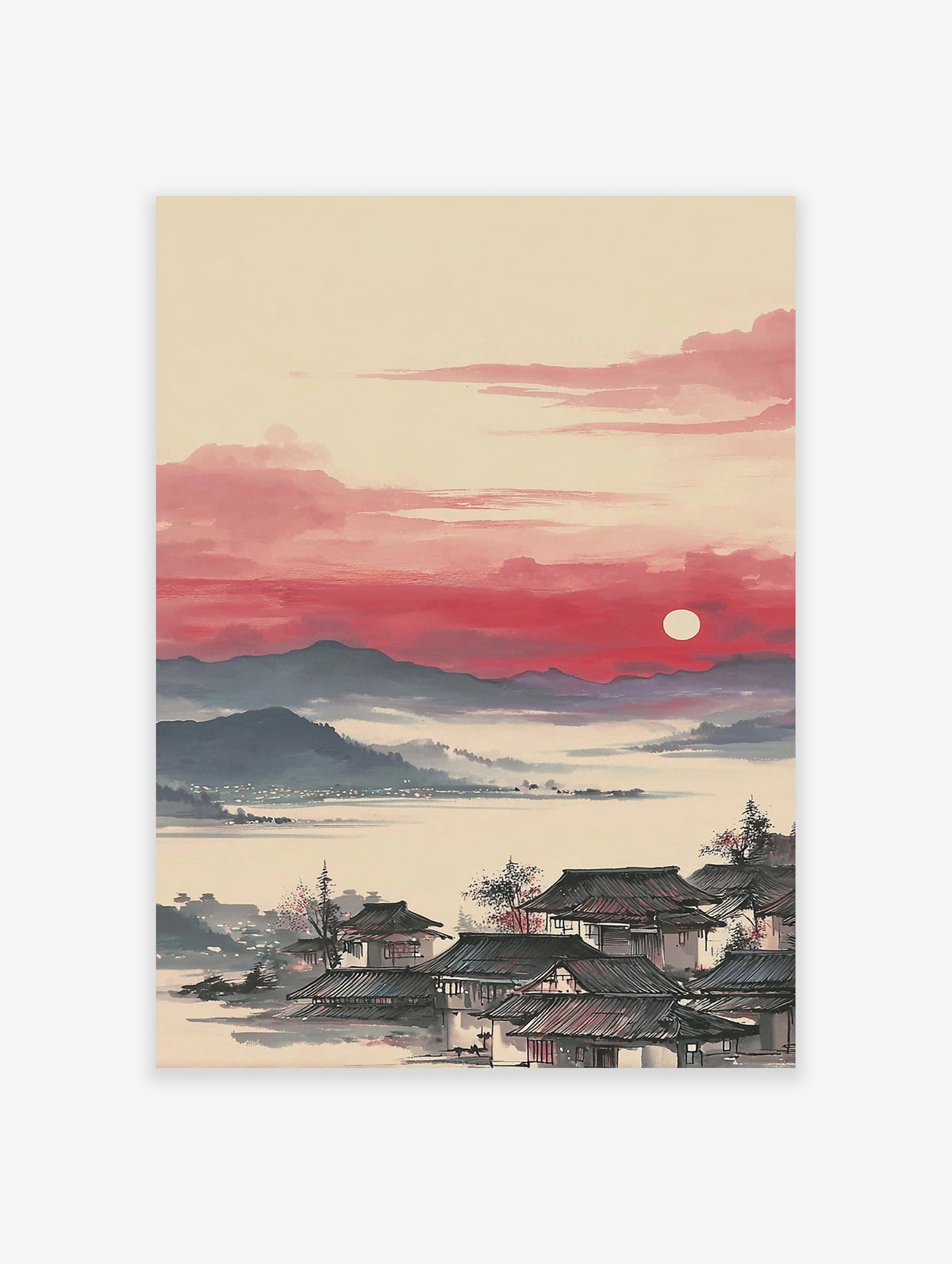 Traditional Asian Landscape Wall Art featuring a village with dark roofs by misty waters, mountains, and a red sunset with a white sun.