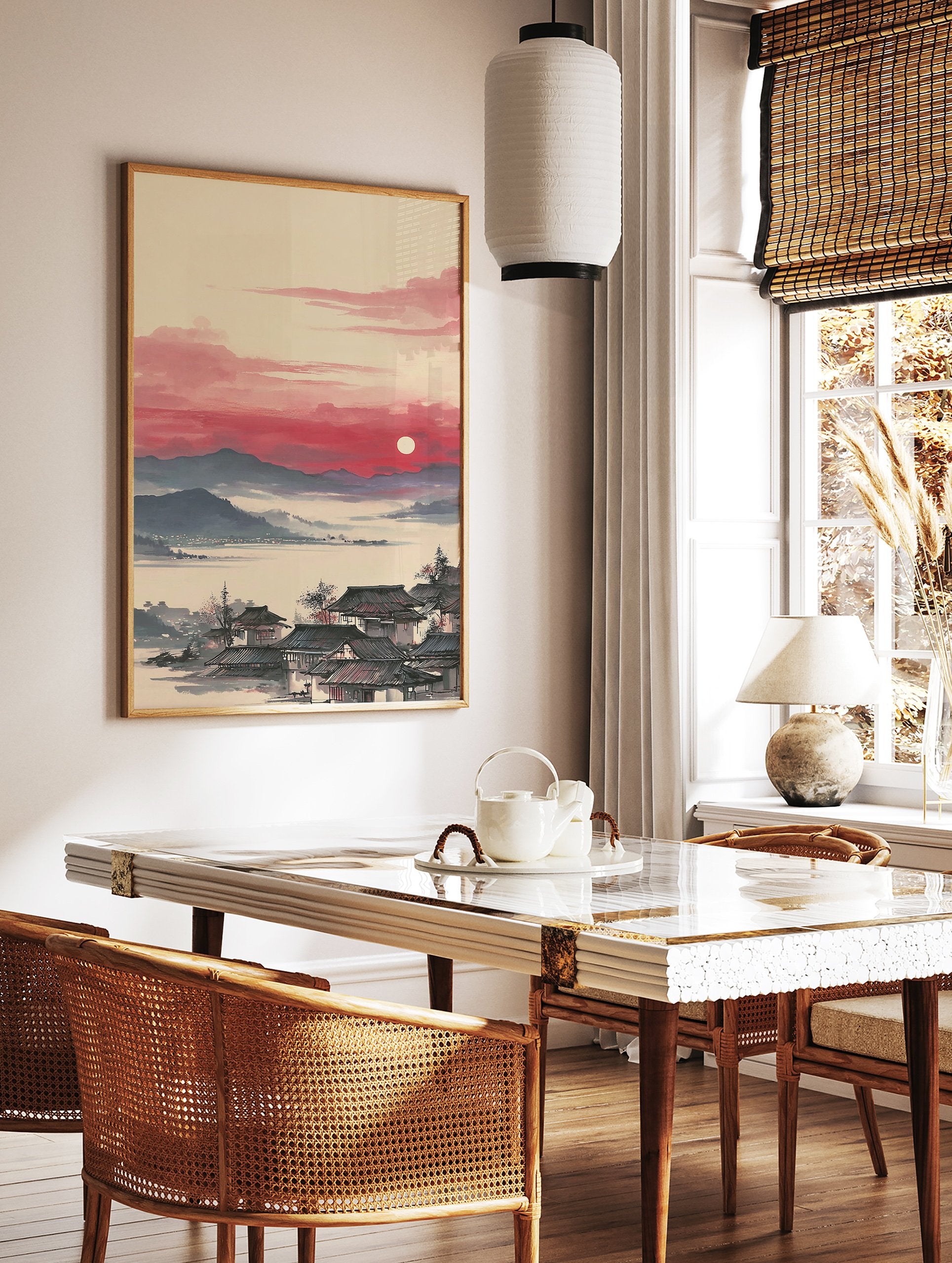 Traditional Asian Landscape Wall Art featuring a village with dark roofs by misty waters, mountains, and a red sunset with a white sun. - Image 2