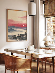 Traditional Asian Landscape Wall Art featuring a village with dark roofs by misty waters, mountains, and a red sunset with a white sun. - Image 2