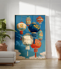 Colorful Asian Lantern Poster featuring an array of traditional hanging lanterns with intricate patterns against a bright blue sky. - Image 3