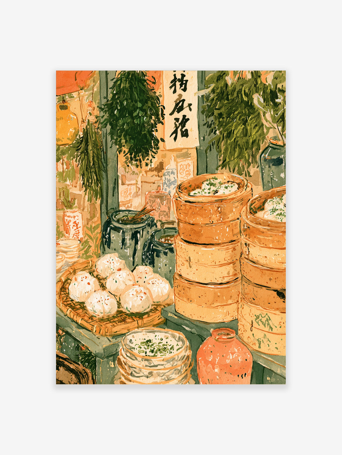 Colourful illustration of bamboo steamers with buns, a woven tray of bao, and hanging herbs