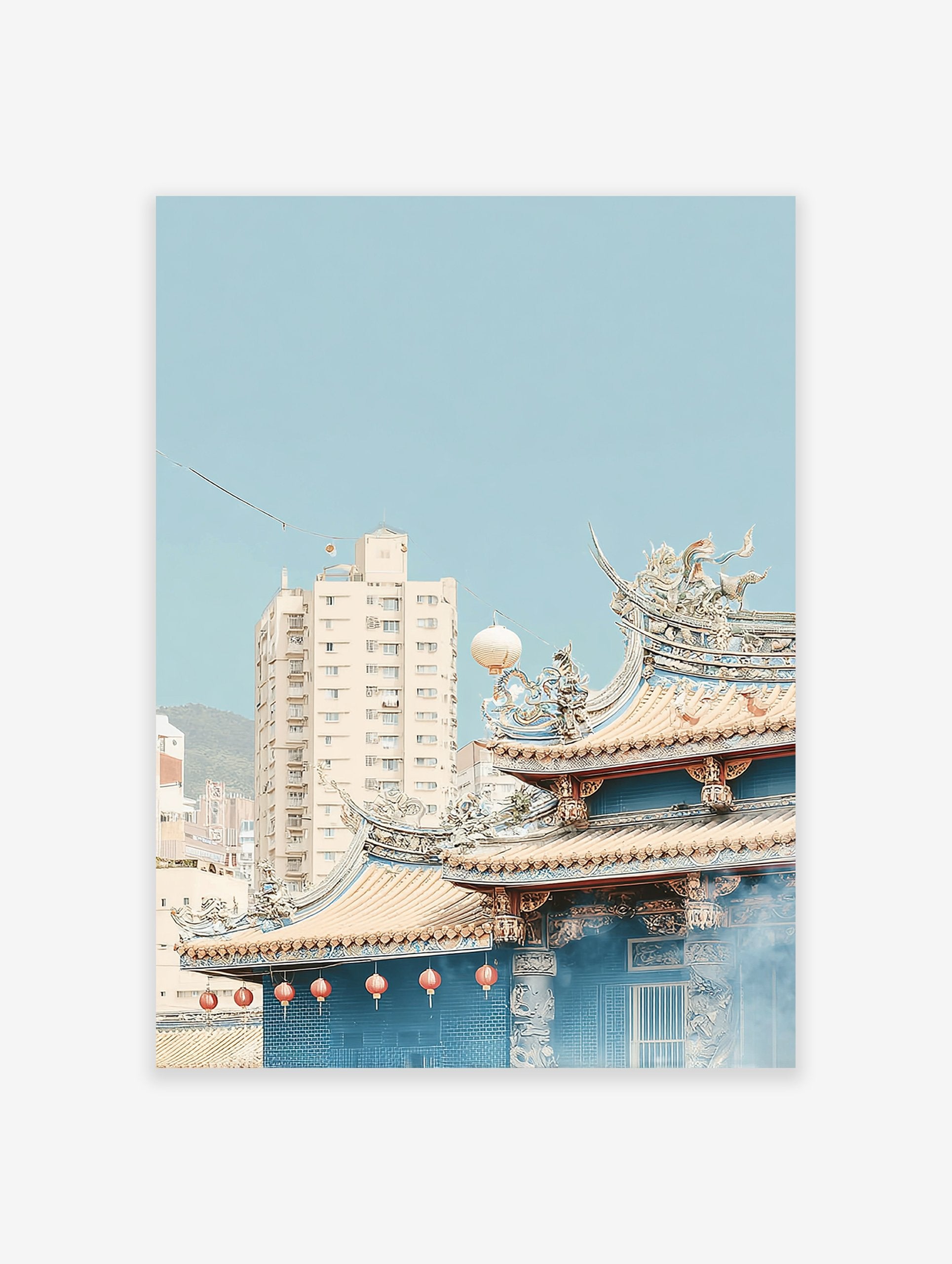Asian temple poster with intricate blue and gold roofs, red lanterns, and modern buildings under a clear blue sky.