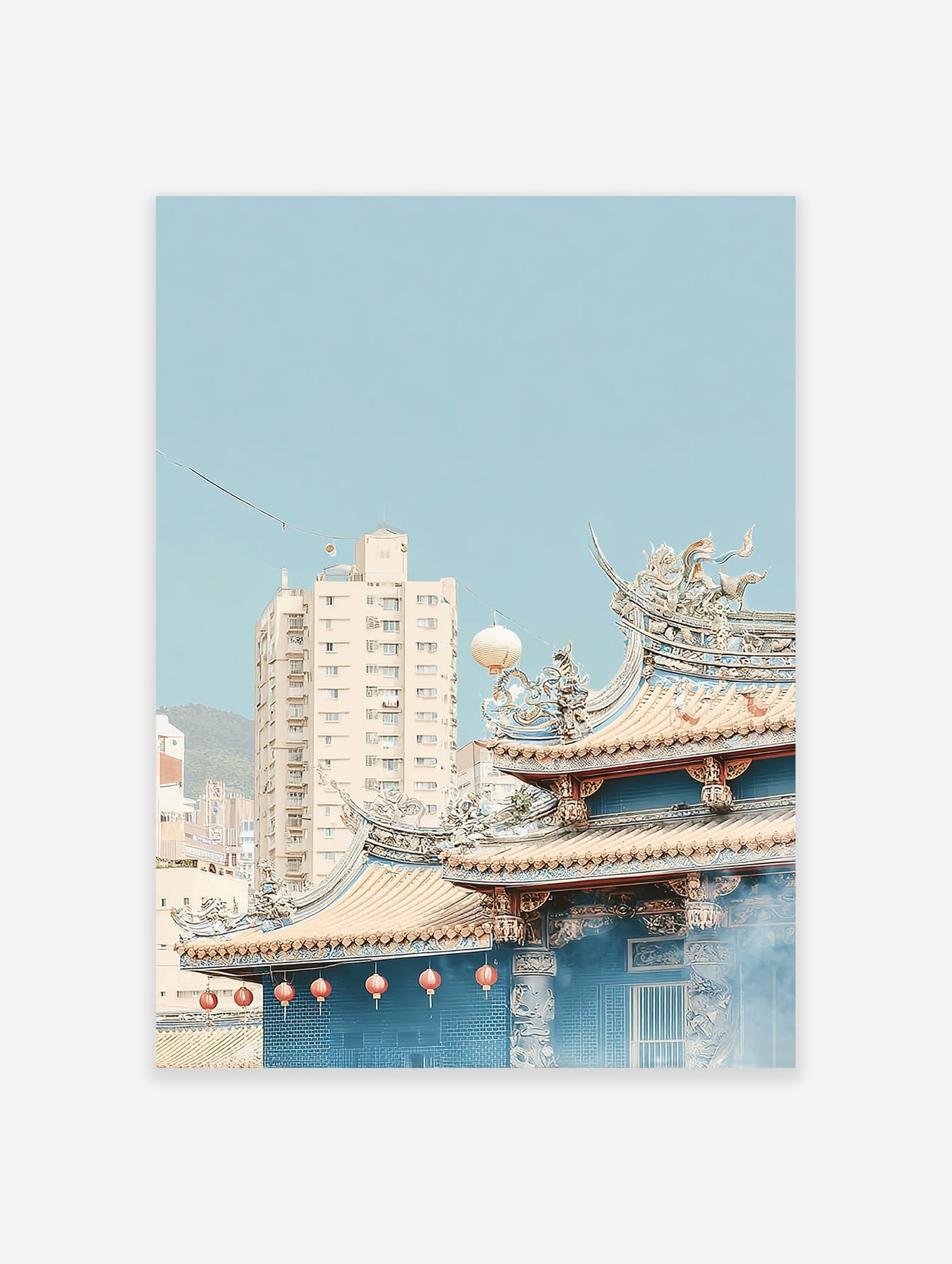 Asian temple poster with intricate blue and gold roofs, red lanterns, and modern buildings under a clear blue sky.