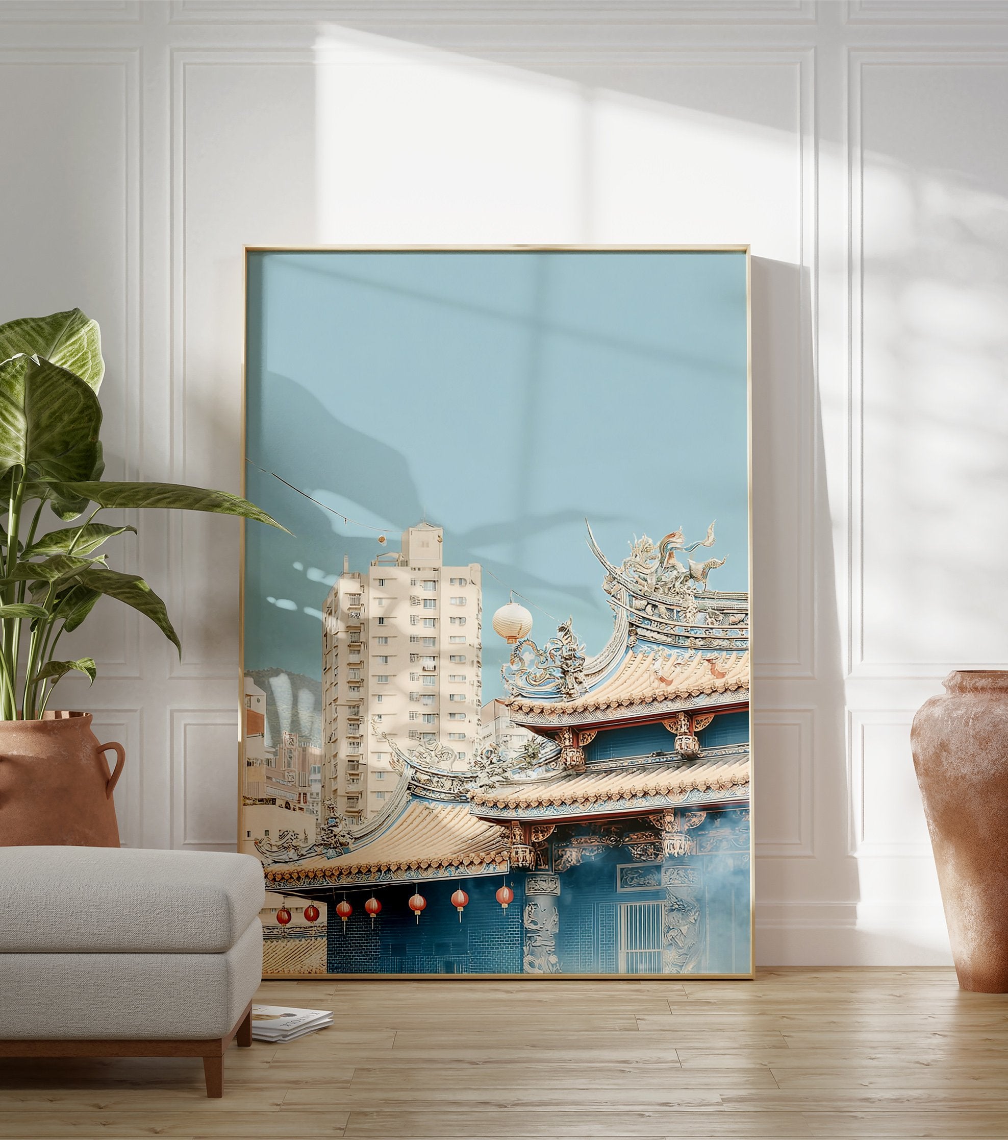 Asian temple poster with intricate blue and gold roofs, red lanterns, and modern buildings under a clear blue sky. - Image 3