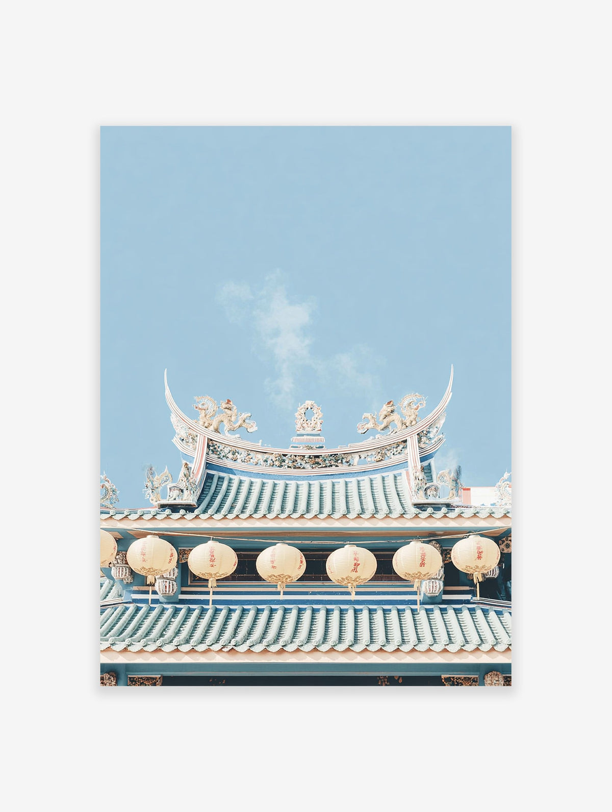 Asian temple roof poster with intricate teal tiles, gold dragon sculptures, and cream lanterns against a light blue sky.