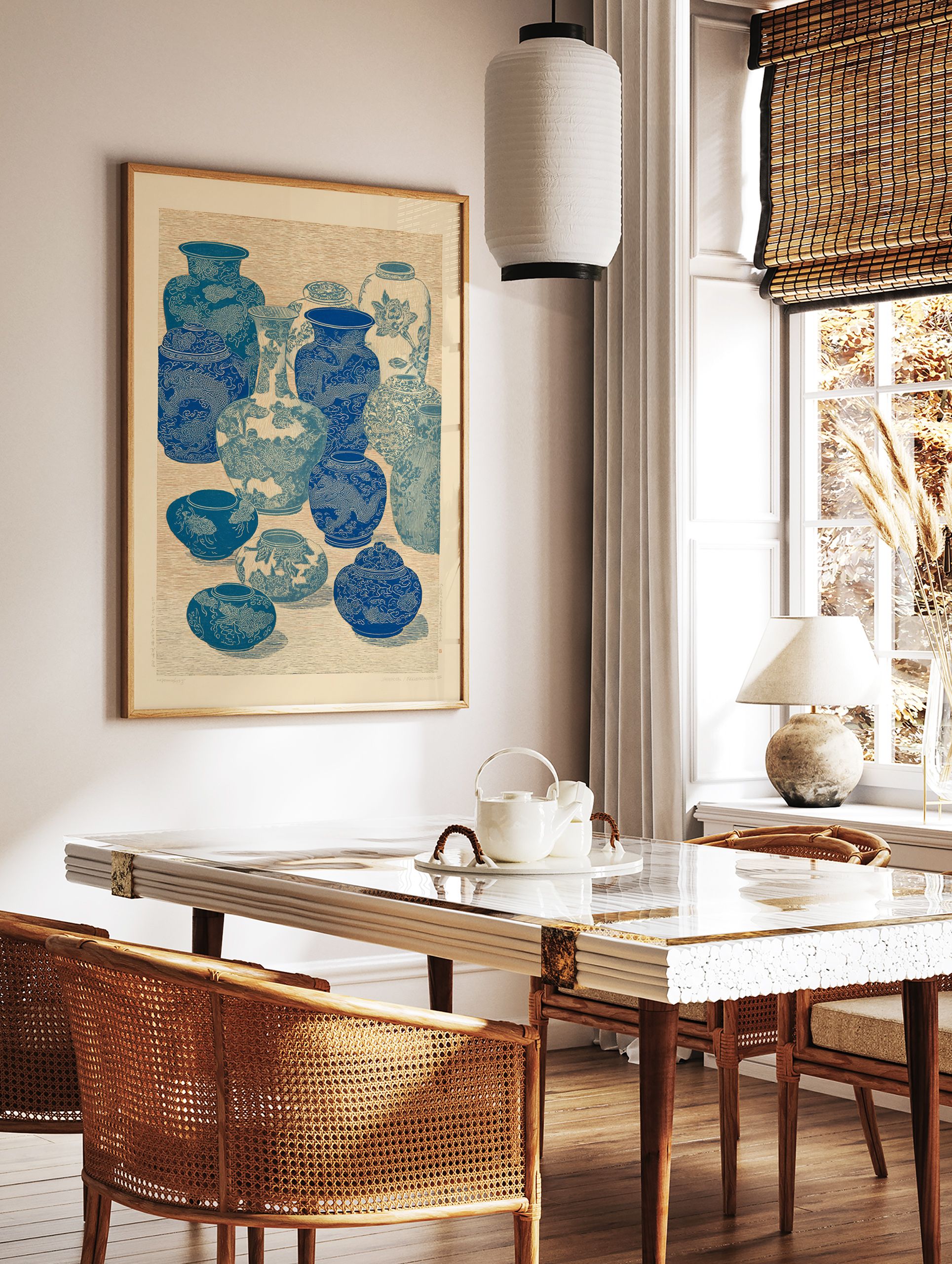 Traditional Asian vase wall art print with blue and white ceramic pottery collection featuring dragons and floral patterns. - Image 2