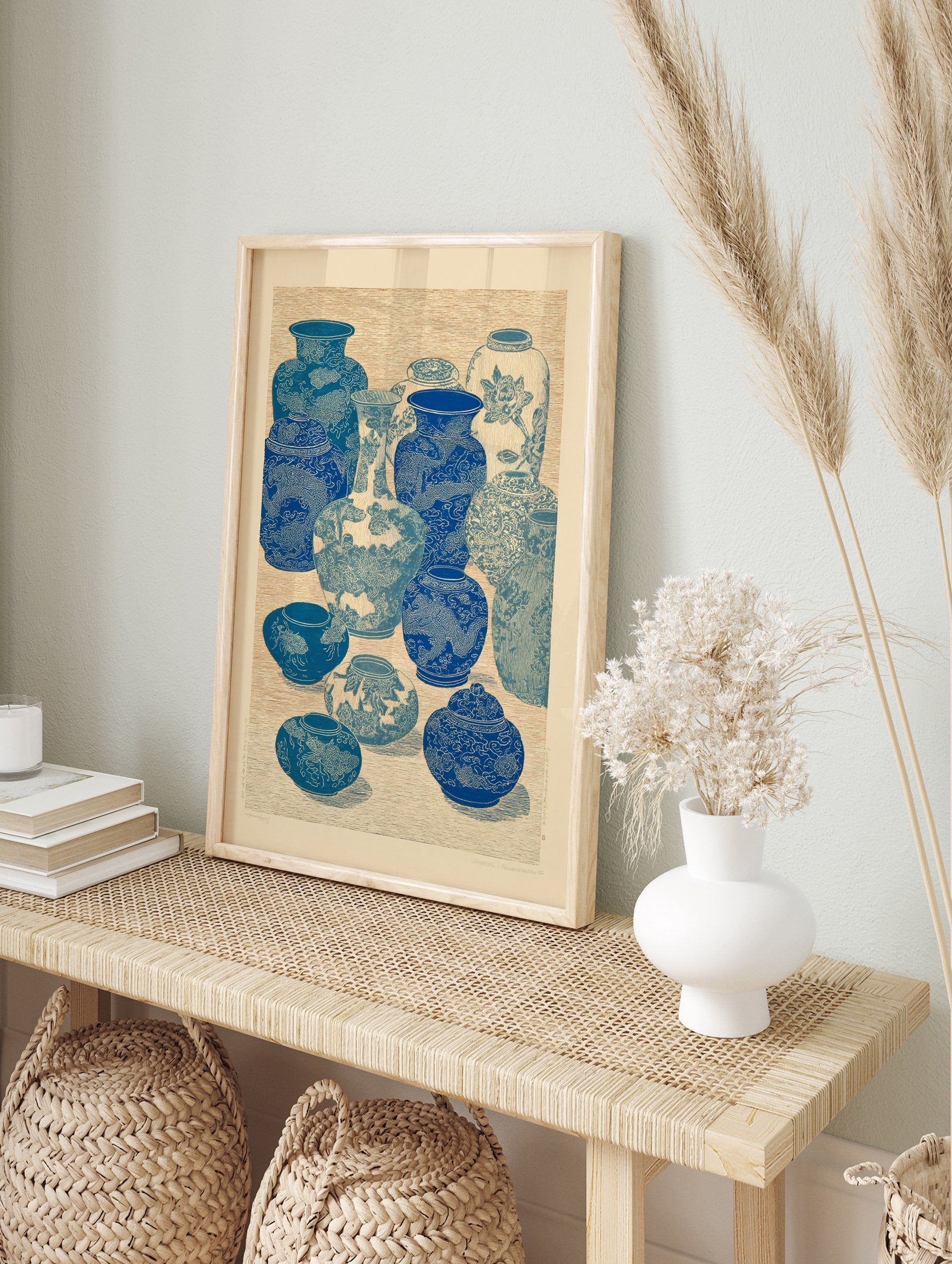 Traditional Asian vase wall art print with blue and white ceramic pottery collection featuring dragons and floral patterns. - Image 3