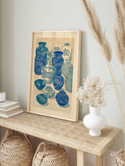 Traditional Asian vase wall art print with blue and white ceramic pottery collection featuring dragons and floral patterns. - Image 3