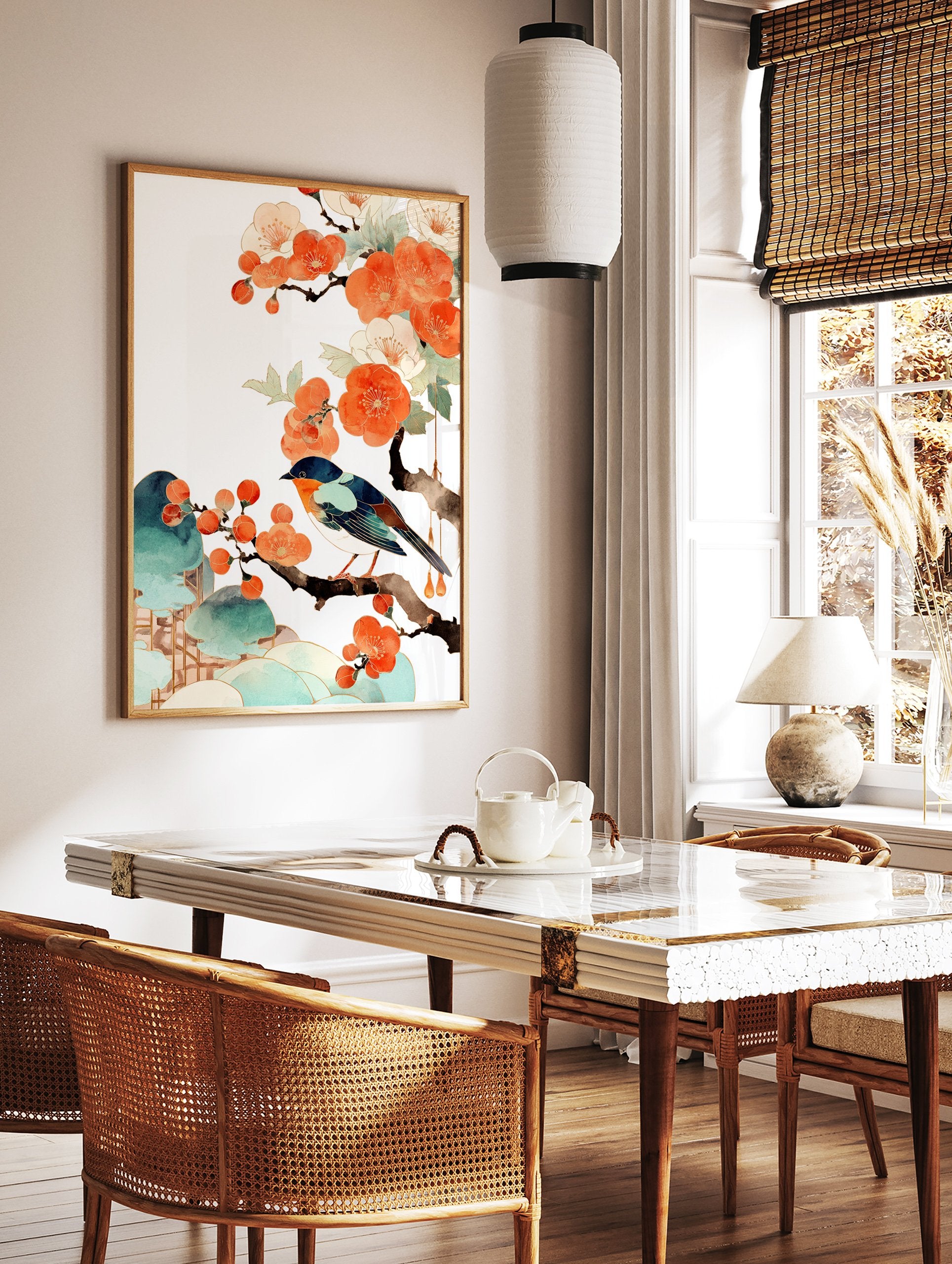 Watercolor illustration of a blue bird on a branch with orange plum blossoms and green leaves, in traditional Asian wall art style. - Image 2
