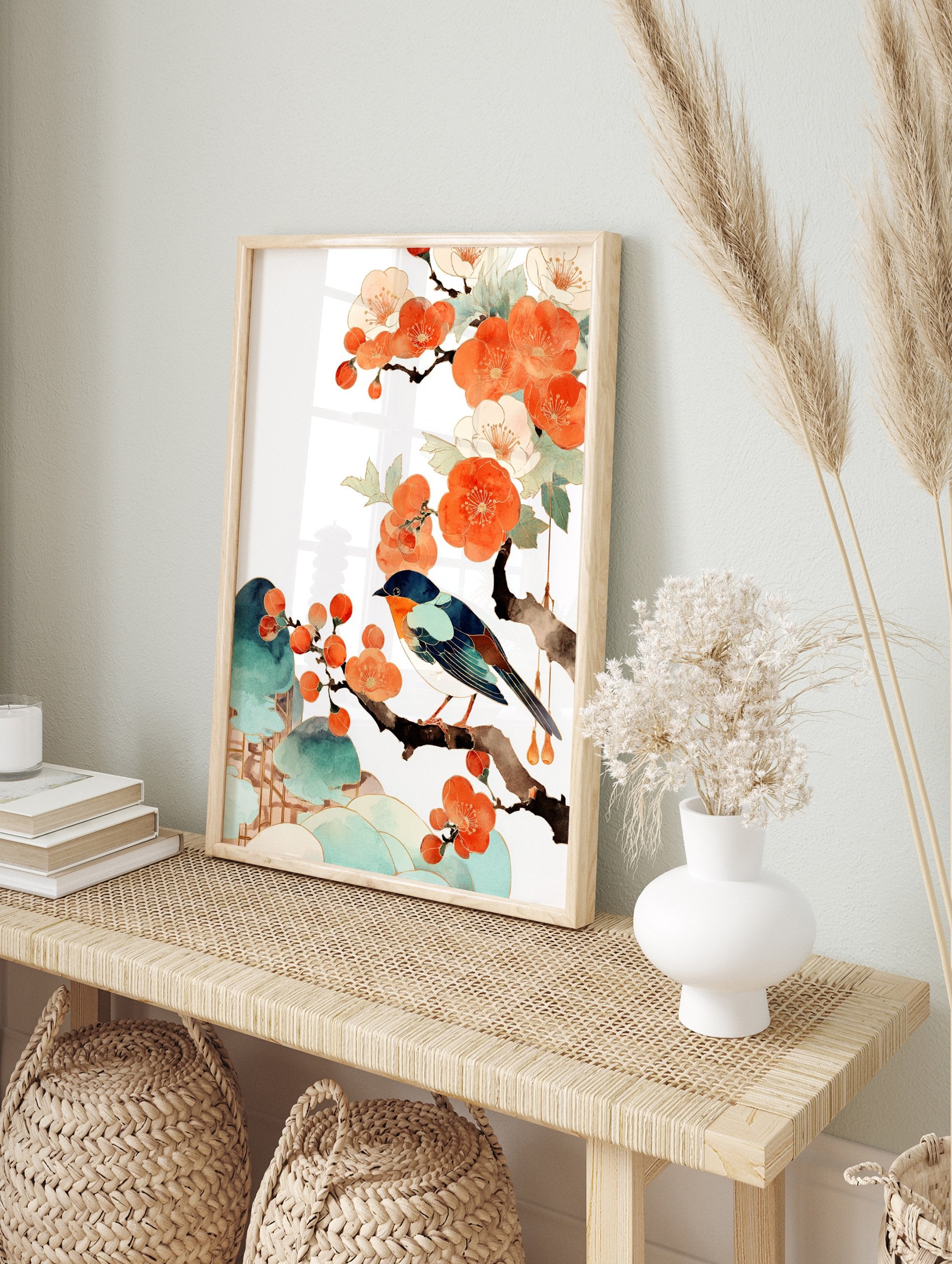Watercolor illustration of a blue bird on a branch with orange plum blossoms and green leaves, in traditional Asian wall art style. - Image 3