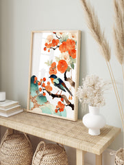 Watercolor illustration of a blue bird on a branch with orange plum blossoms and green leaves, in traditional Asian wall art style. - Image 3