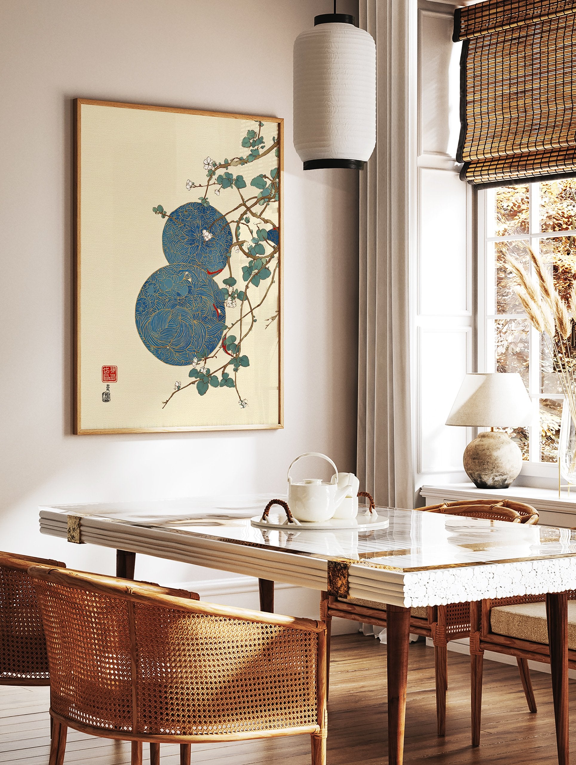 Asian wall art featuring two blue and gold patterned circles with white flowers and green leaves on brown branches, cream background. - Image 2