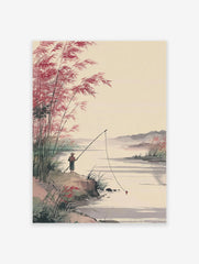 Traditional Asian landscape painting of a person fishing by a river with red bamboo and green reeds.
