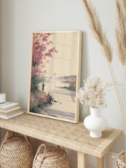 Traditional Asian landscape painting of a person fishing by a river with red bamboo and green reeds. - Image 3