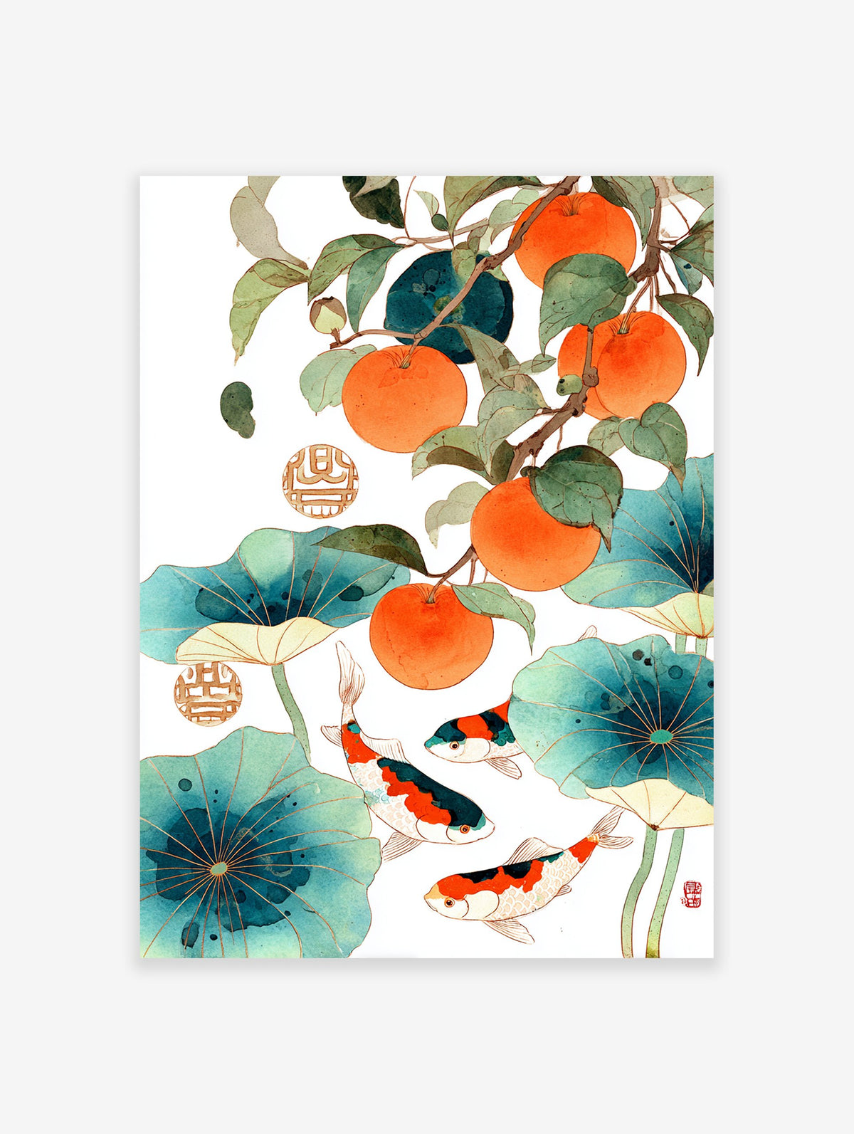 Asian wall art with orange persimmons, green leaves, blue lotus pads, and colorful koi fish swimming on white background.