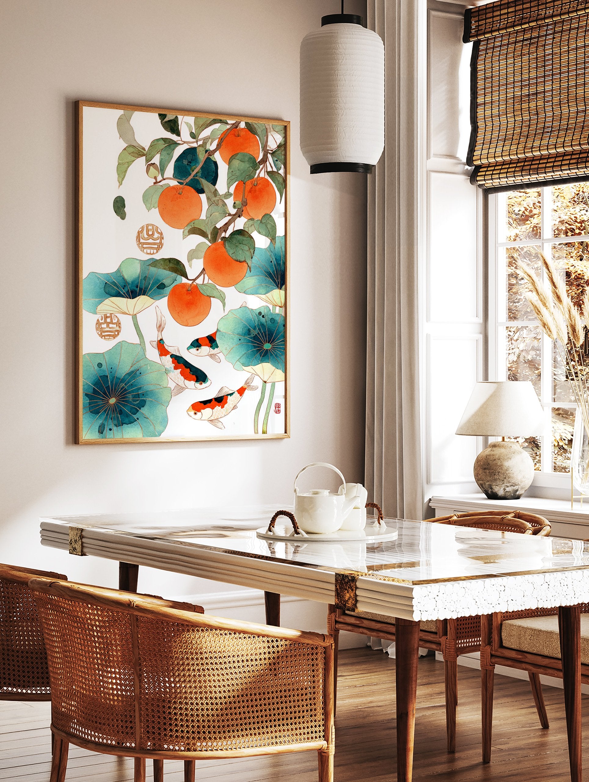 Asian wall art with orange persimmons, green leaves, blue lotus pads, and colorful koi fish swimming on white background. - Image 2