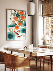 Asian wall art with orange persimmons, green leaves, blue lotus pads, and colorful koi fish swimming on white background. - Image 2