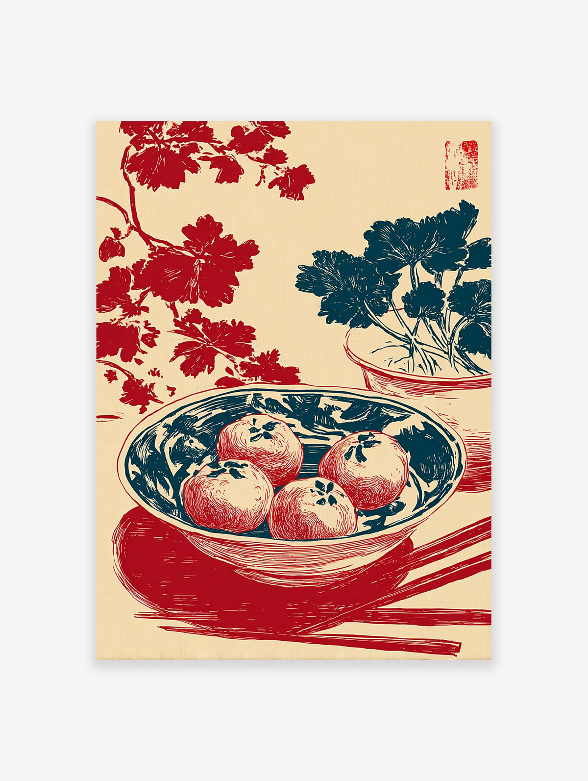 Asian wall art print with red fruit in a blue bowl, red floral branches, blue potted plant, and chopsticks on a cream background.