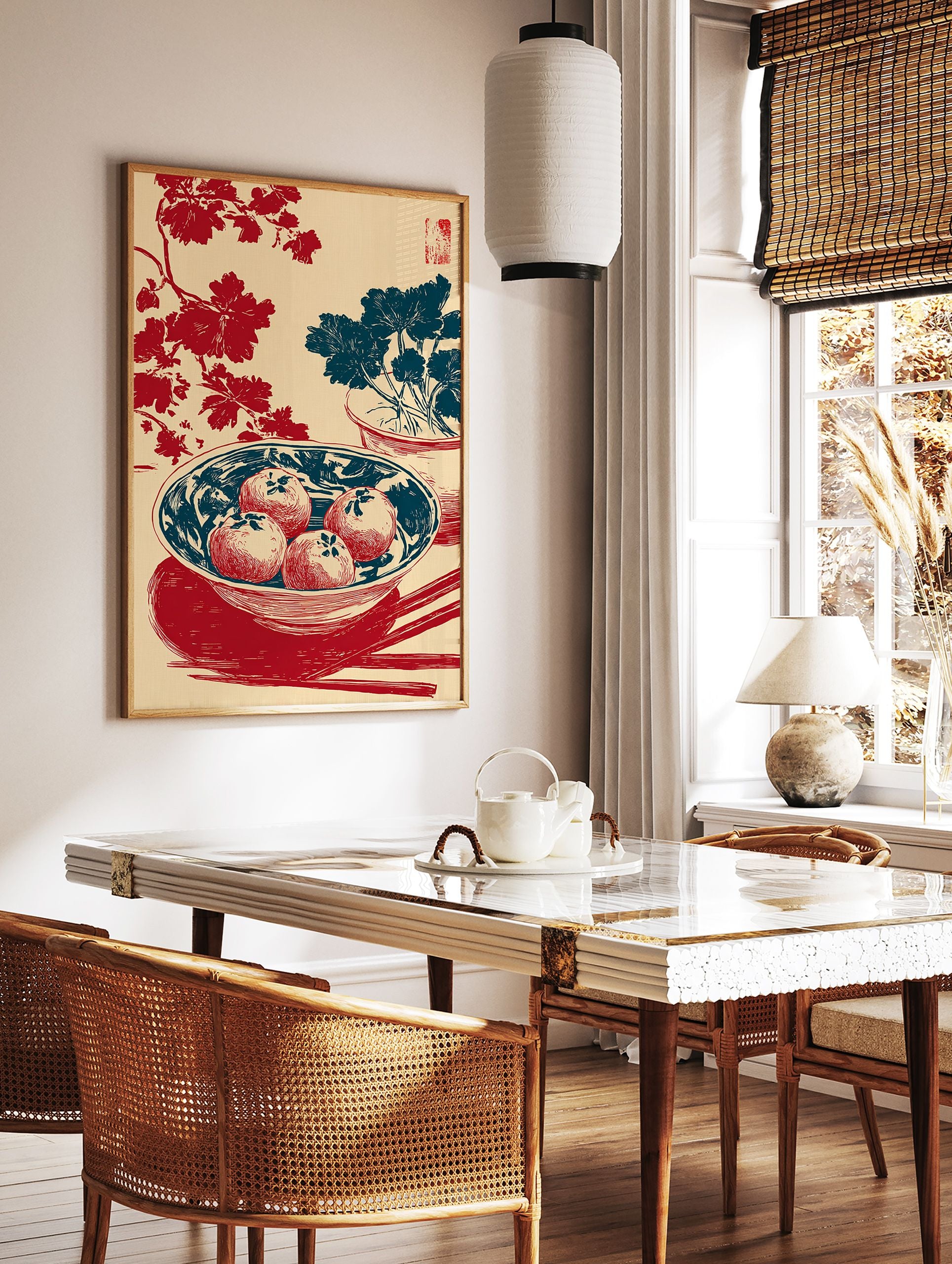Asian wall art print with red fruit in a blue bowl, red floral branches, blue potted plant, and chopsticks on a cream background. - Image 2