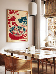 Asian wall art print with red fruit in a blue bowl, red floral branches, blue potted plant, and chopsticks on a cream background. - Image 2