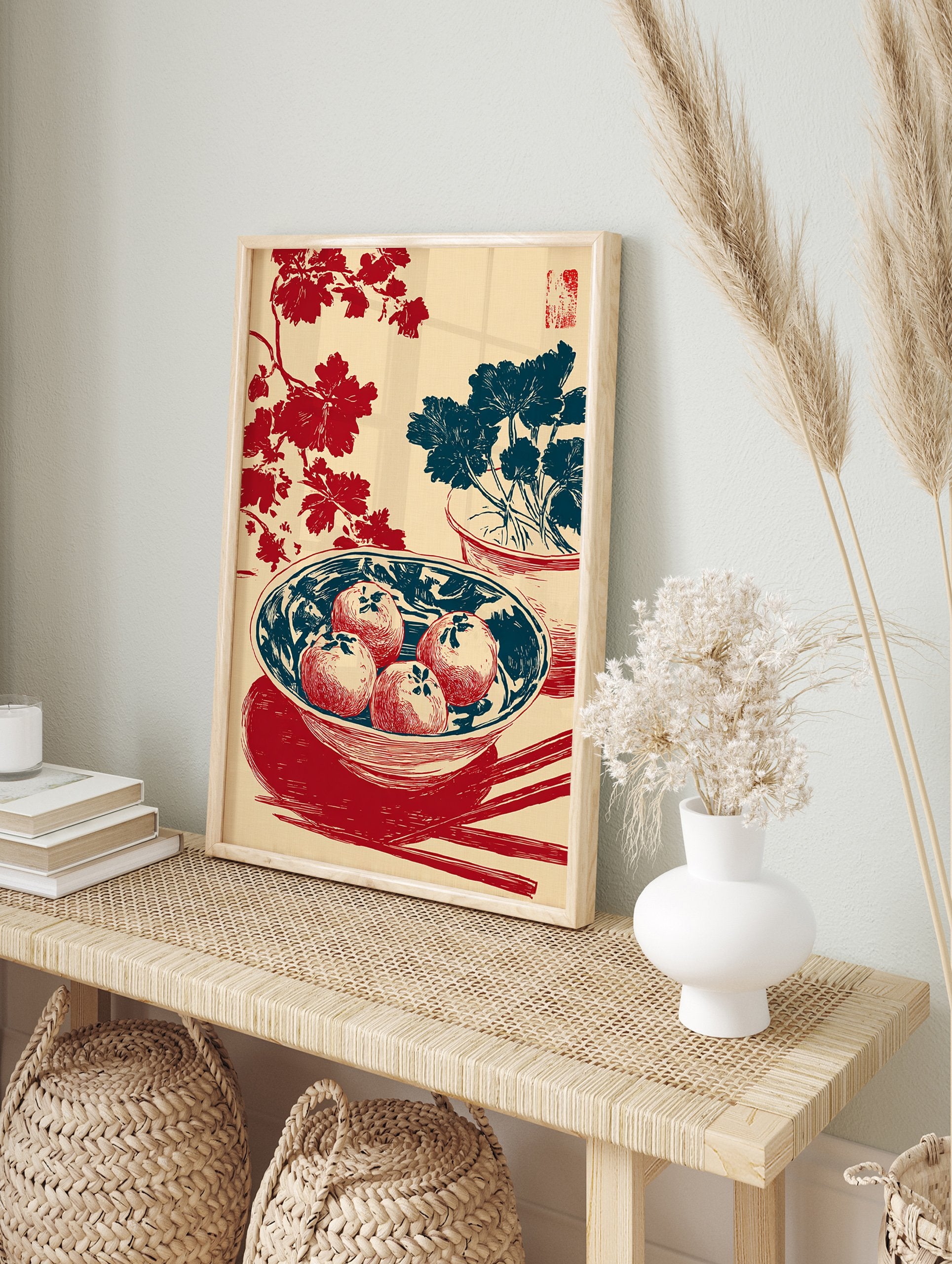 Asian wall art print with red fruit in a blue bowl, red floral branches, blue potted plant, and chopsticks on a cream background. - Image 3