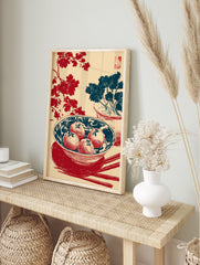 Asian wall art print with red fruit in a blue bowl, red floral branches, blue potted plant, and chopsticks on a cream background. - Image 3
