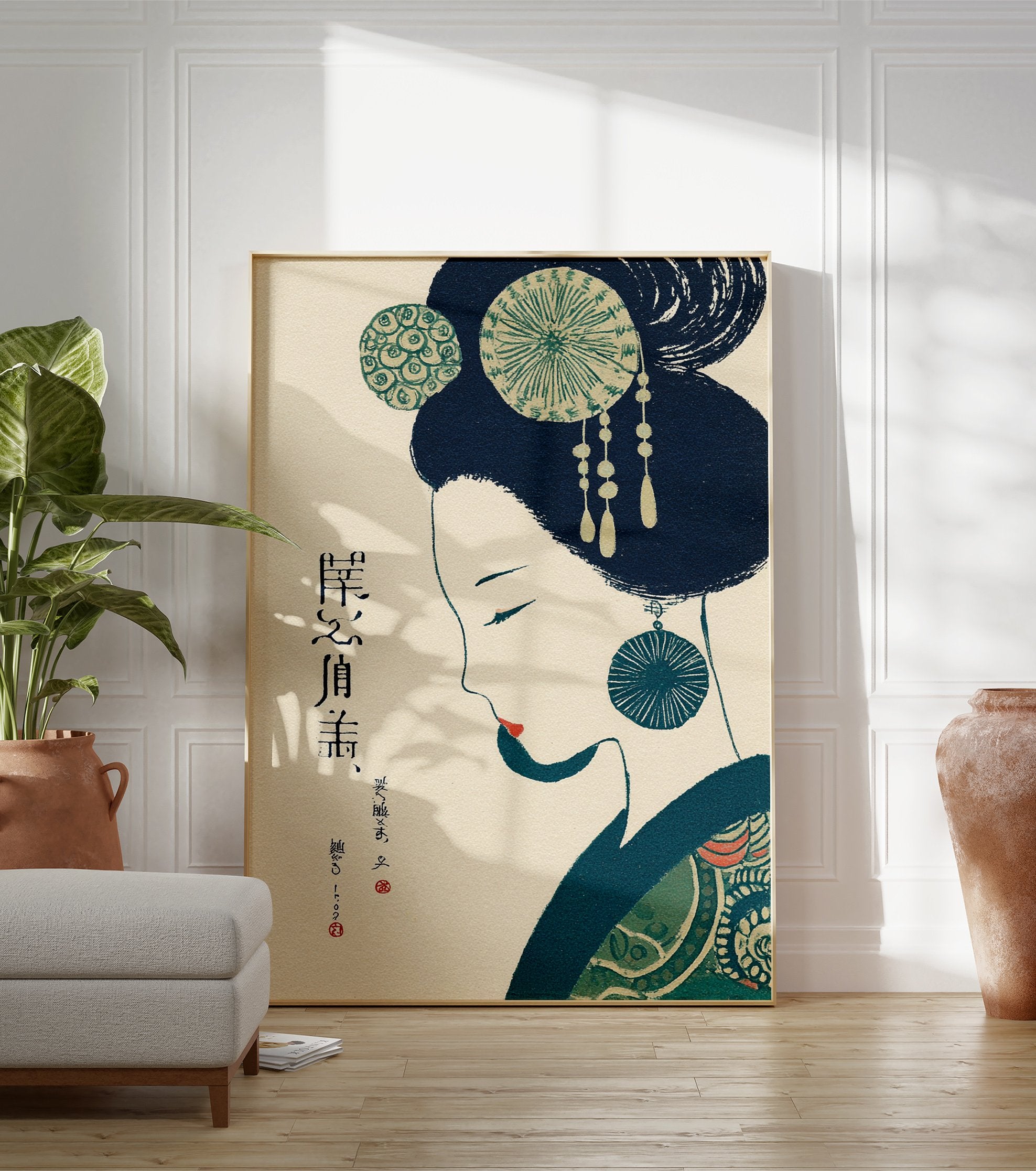 Illustrative portrait of an Asian woman in traditional attire with elaborate hair and earring, featuring deep blue and green colors. - Image 3