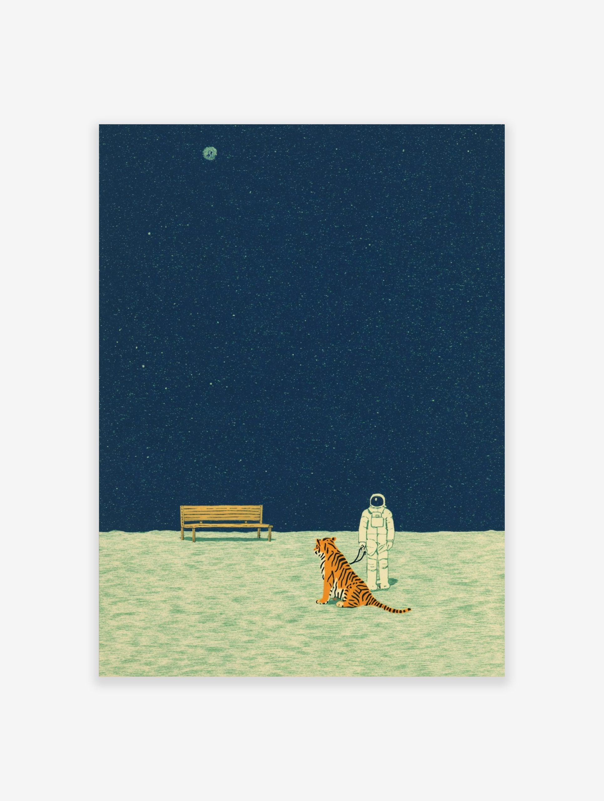 Illustrative print of astronaut on leash with tiger, wooden bench, dark blue starry sky, and distant moon