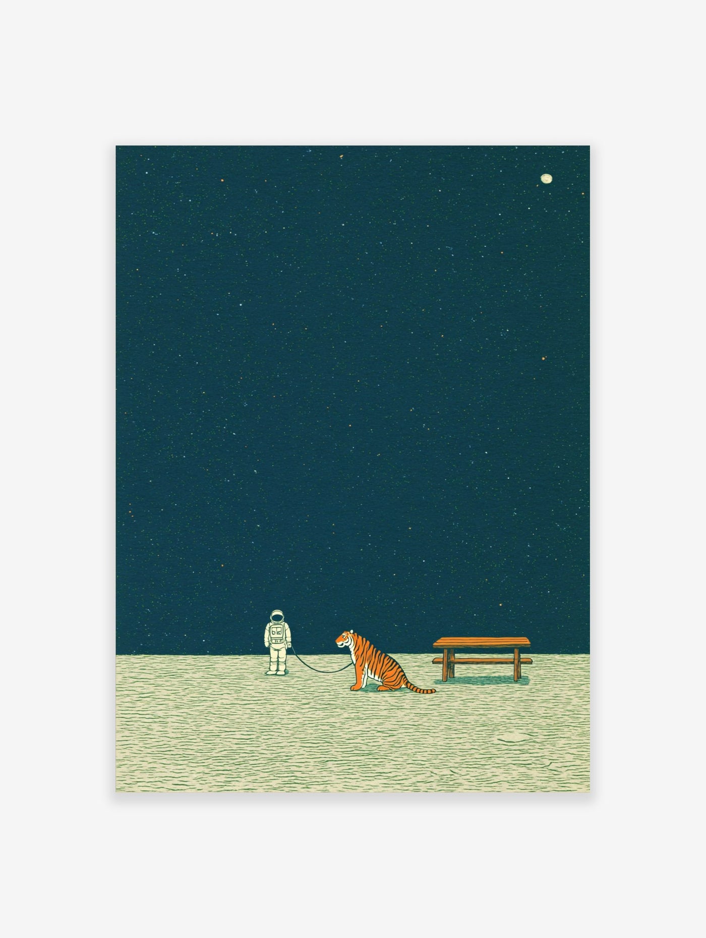 Illustrative print of an astronaut walking a tiger on a leash under a dark, starry sky with a moon