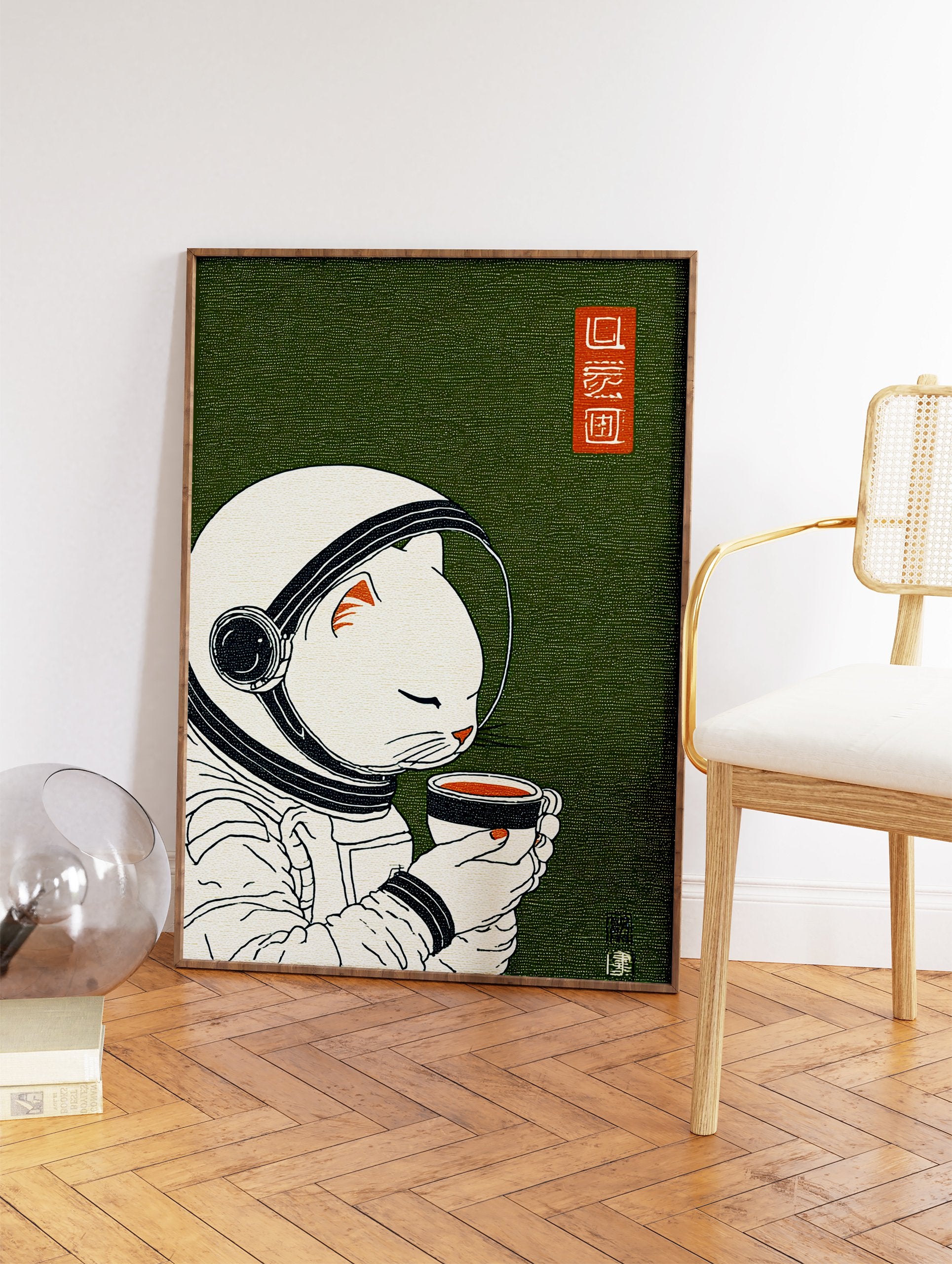 Japanese style illustration of a white astronaut cat in a helmet, holding a cup of coffee on a textured green background. - Image 2