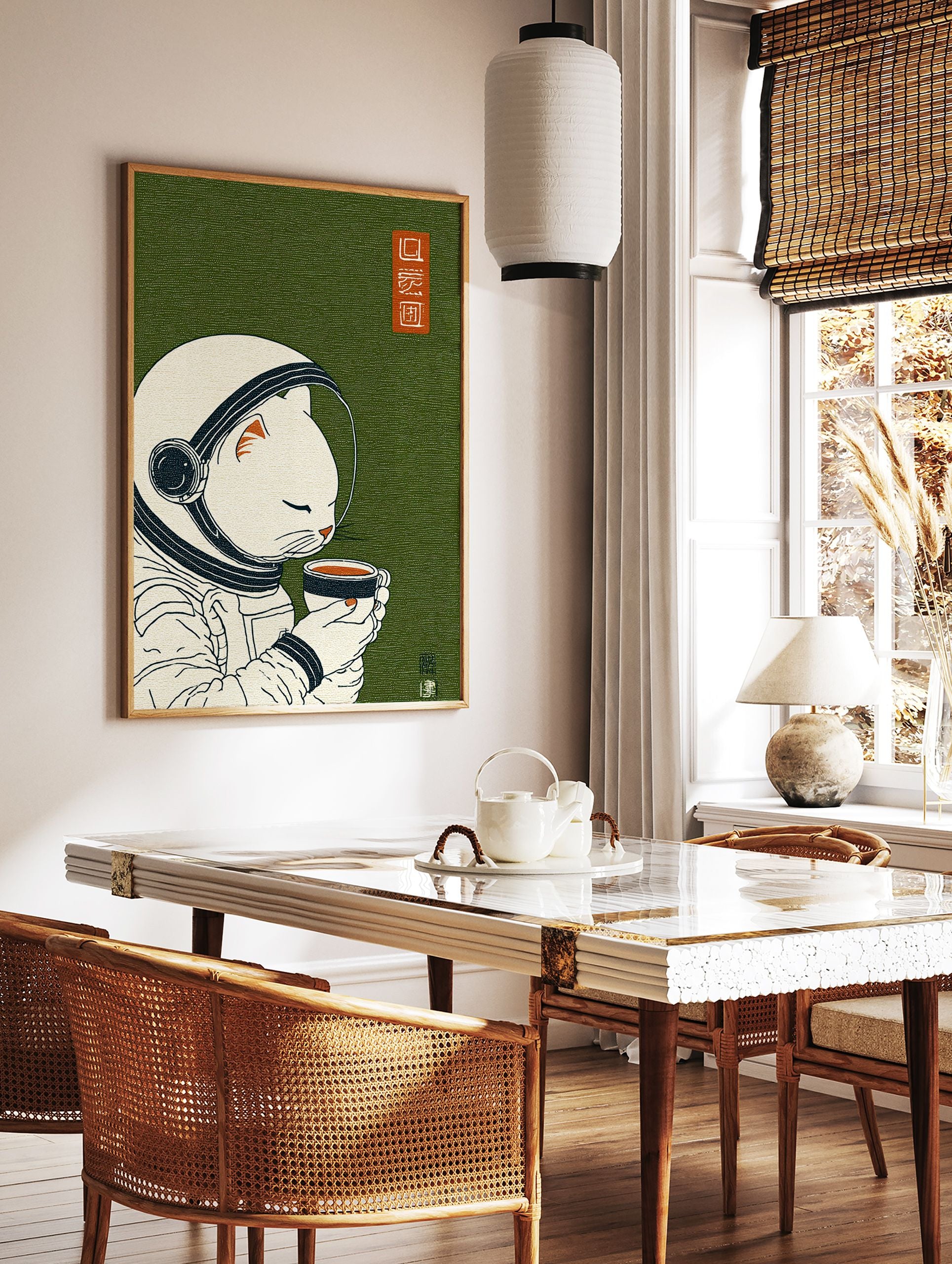 Japanese style illustration of a white astronaut cat in a helmet, holding a cup of coffee on a textured green background. - Image 3