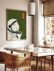 Japanese style illustration of a white astronaut cat in a helmet, holding a cup of coffee on a textured green background. - Image 3