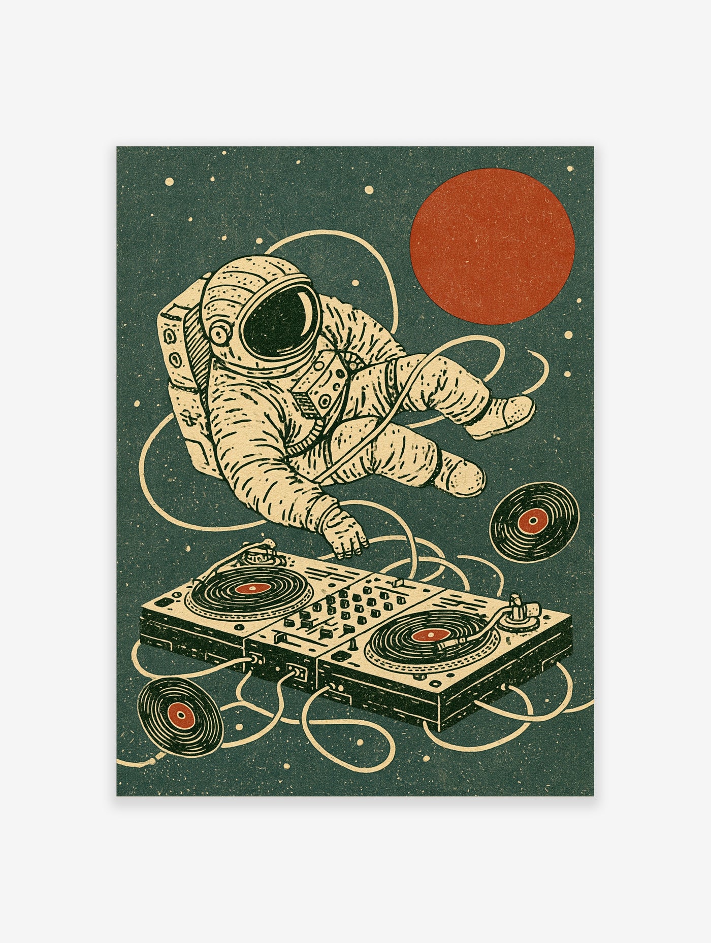 Astronaut in cream suit floating in space reaching toward DJ mixer with turntables, vinyl records, red planet, dark green