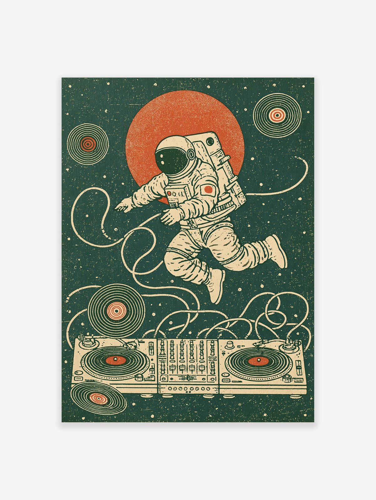 Astronaut DJ wall art with turntables, vinyl records, and orange planet in retro space illustration style